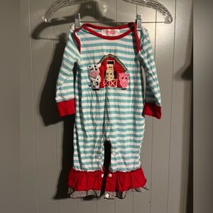 Pure sun farm animals striped bell bottom romper one piece xxs 12 month